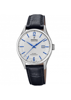 Festina swiss made watch f20007/2 silver leather strap, men's