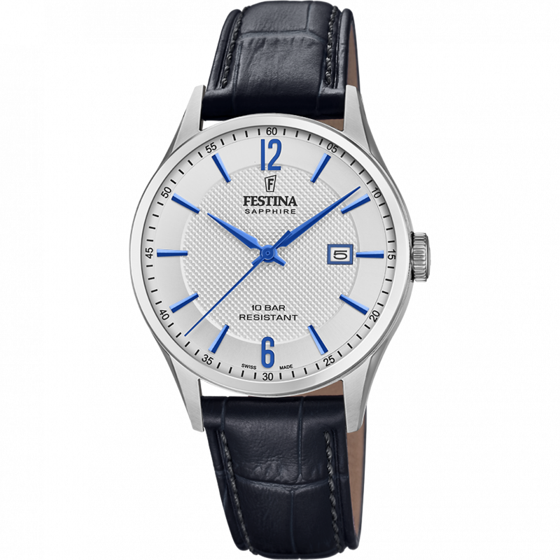 Festina swiss made watch f20007/2 silver leather strap, men's