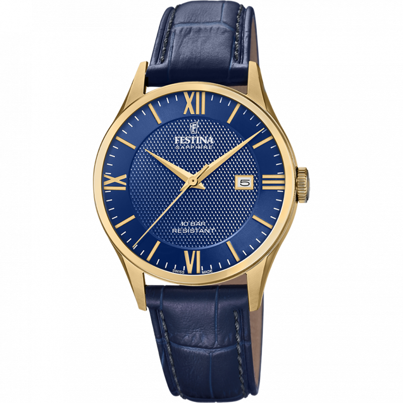 Festina swiss made watch f20010/3 blue leather strap, men's