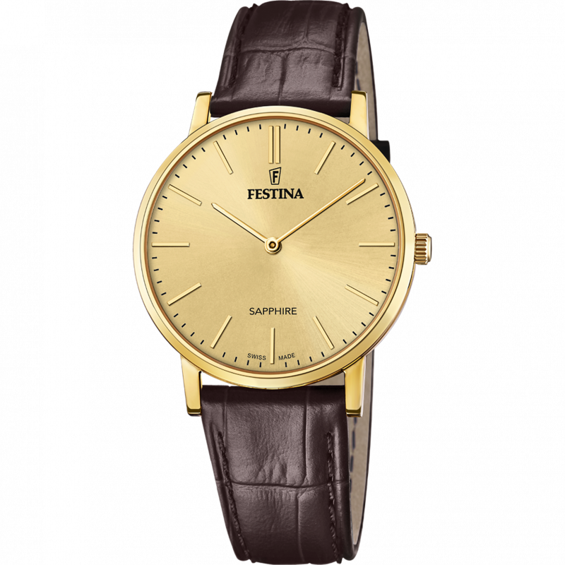 Festina swiss made watch f20016/2 champagne leather strap, men's