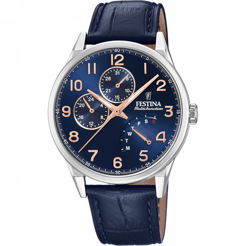 Festina multifunction collection watch f20278/b blue leather strap, men