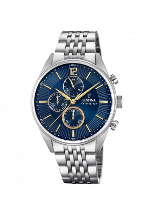 Festina timeless chronograph watch f20285/3 blue steel strap, men