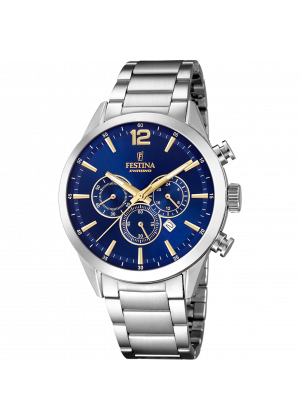 Festina timeless chronograph watch f20343/2 blue steel strap, men