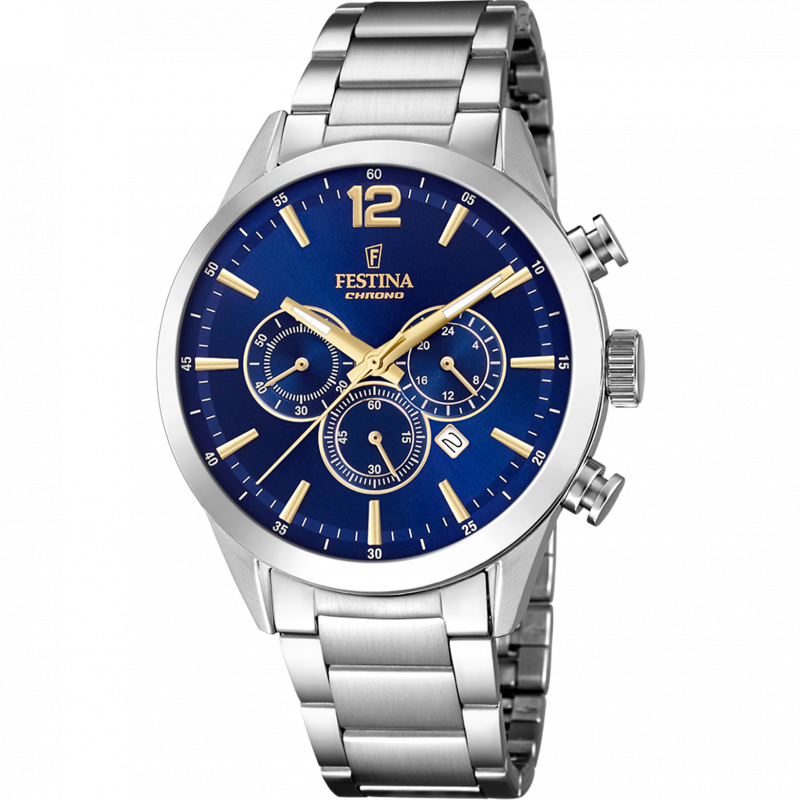 Festina timeless chronograph watch f20343/2 blue steel strap, men