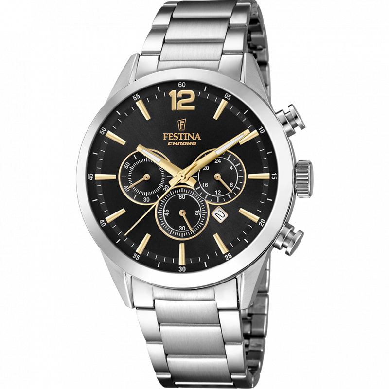 Festina timeless chronograph watch f20343/4 black steel strap, men's.