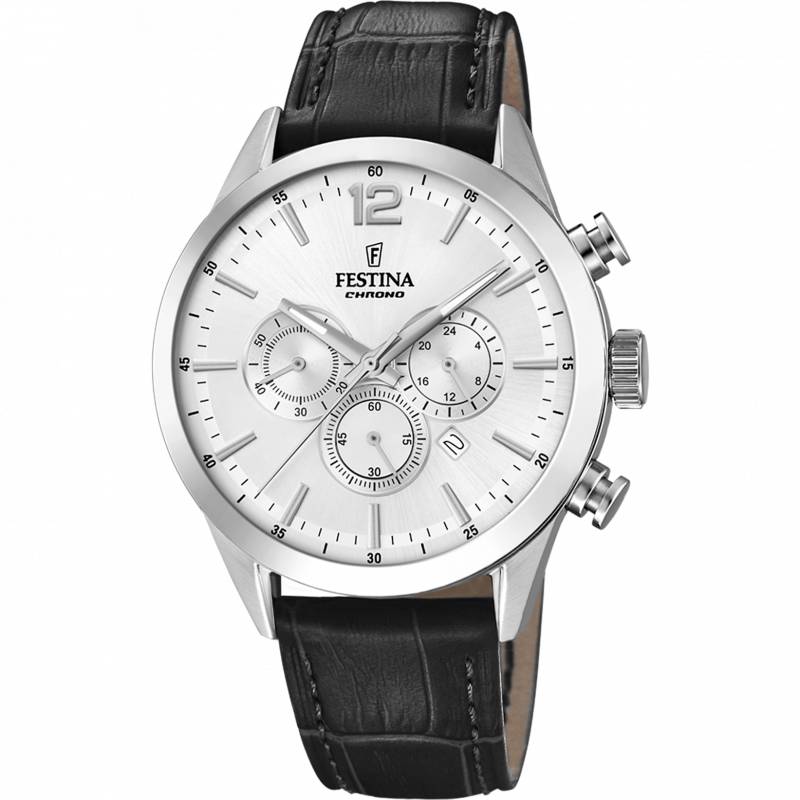 Festina timeless chronograph watch f20542/1 silver leather strap, men's