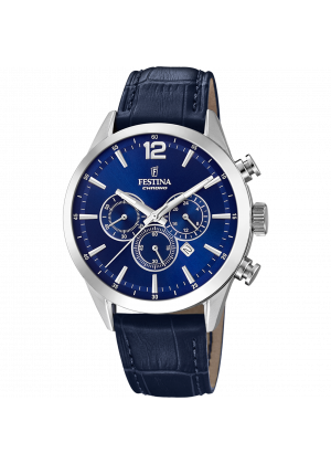 Festina timeless chronograph watch f20542/2 blue leather strap, men