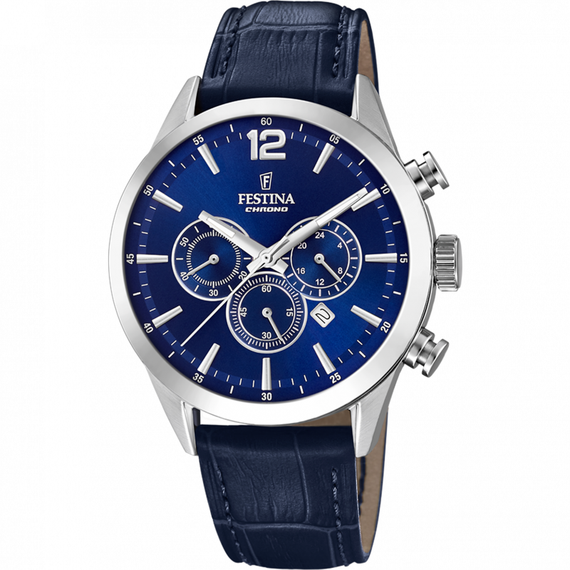 Festina timeless chronograph watch f20542/2 blue leather strap, men