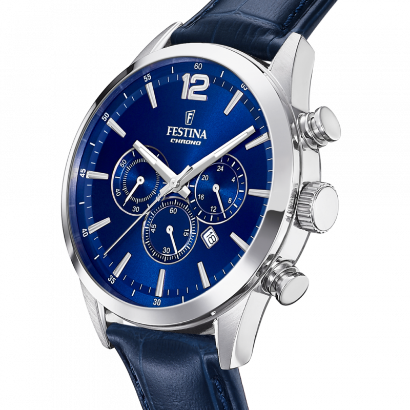 Festina timeless chronograph watch f20542/2 blue leather strap, men