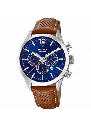 Festina timeless chronograph watch f20542/3 blue leather strap, men's.