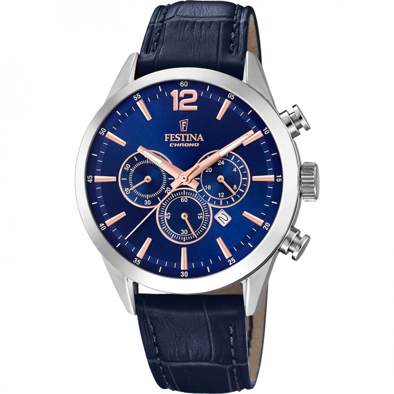 Festina timeless chronograph watch f20542/4 blue leather strap, men's.