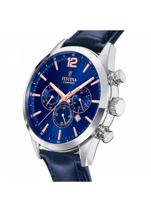 Festina timeless chronograph watch f20542/4 blue leather strap, men's.