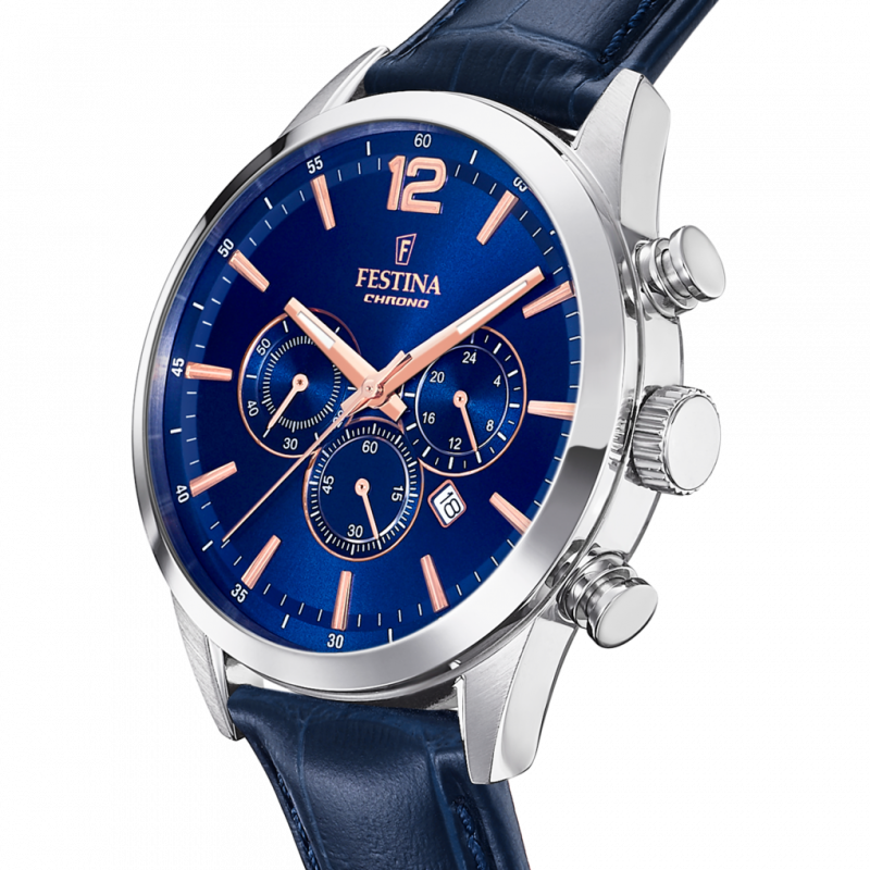 Festina timeless chronograph watch f20542/4 blue leather strap, men's.