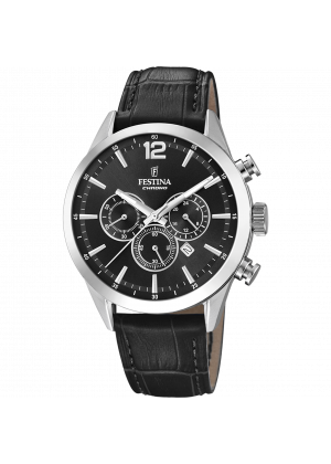 Festina timeless chronograph watch f20542/5 black leather strap, men's.