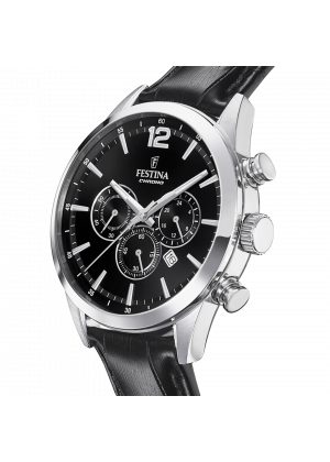 Festina timeless chronograph watch f20542/5 black leather strap, men's.