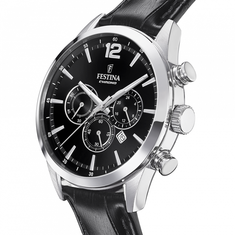 Festina timeless chronograph watch f20542/5 black leather strap, men's.