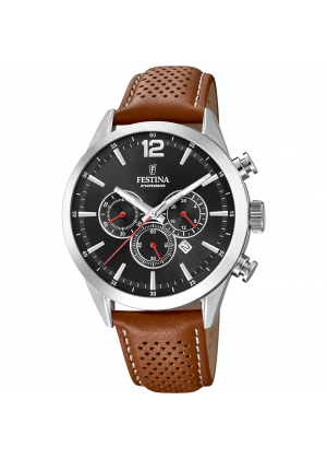 Festina timeless chronograph watch f20542/6 black leather strap, men's.