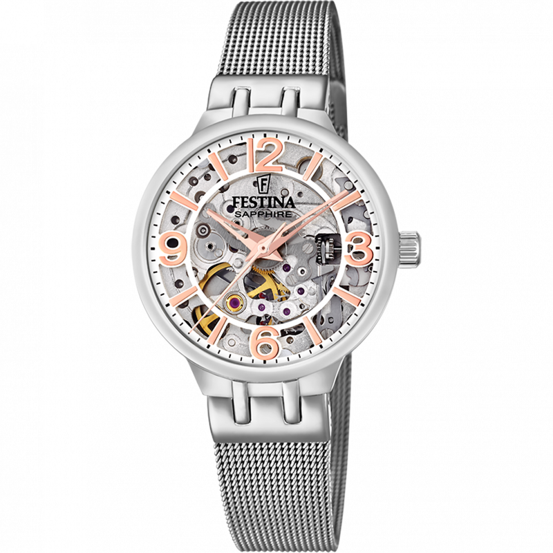 Festina automatic skeleton watch f20579/1 with steel strap, women's.