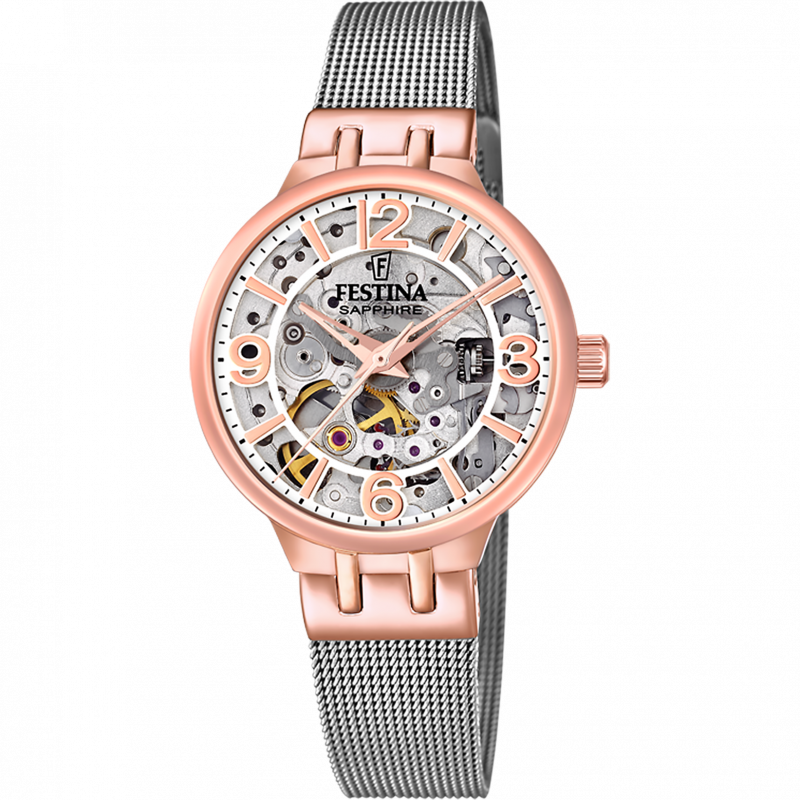 Festina automatic skeleton watch f20581/1 with steel strap, women's.