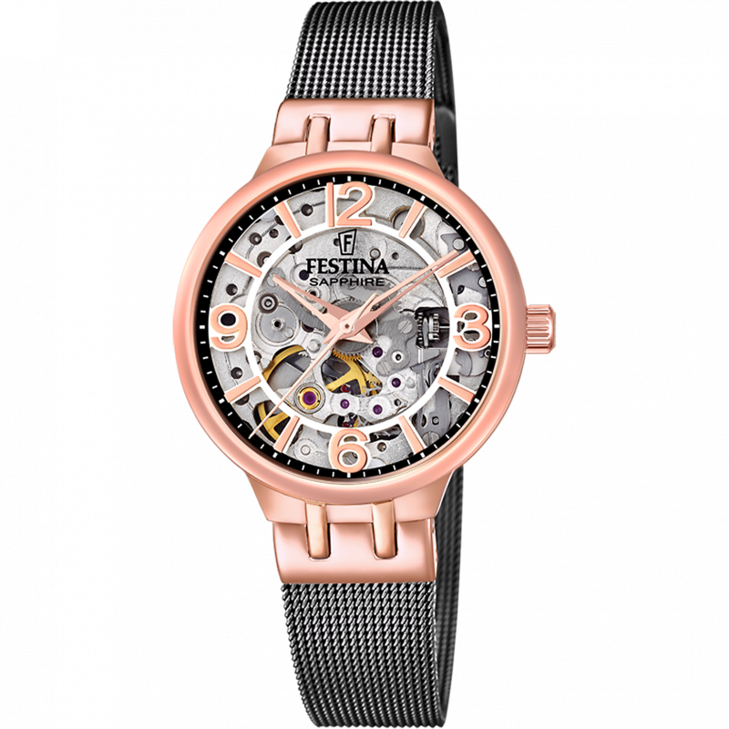 Festina automatic skeleton watch f20581/3 with steel strap, women's.