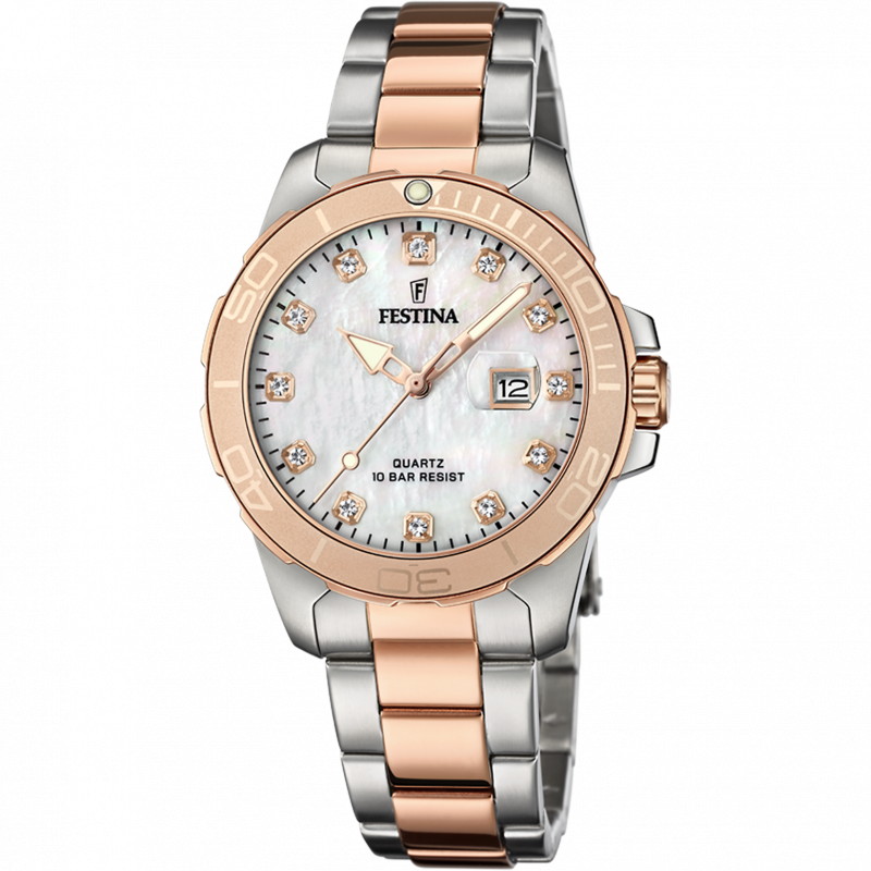 Festina boyfriend collection watch f20505/1 mother-of-pearl dial with steel strap, women's