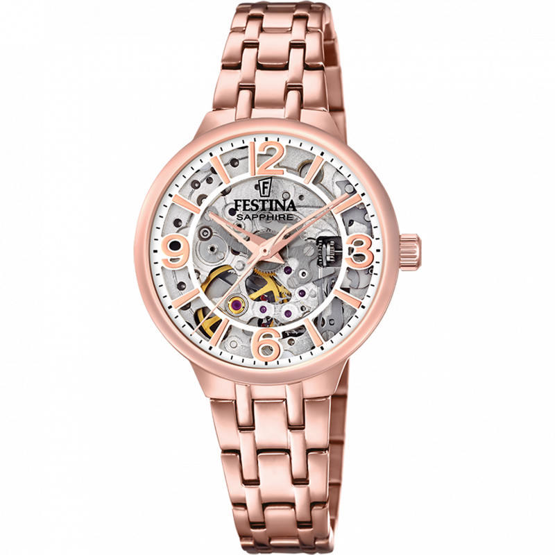 Festina automatic skeleton watch f20616/1 with steel strap, women's.