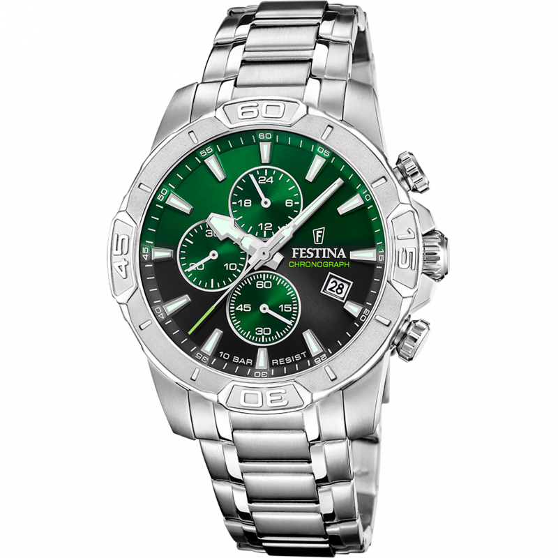 Festina men's green timeless chronograph stainless steel watch bracelet f20704/5