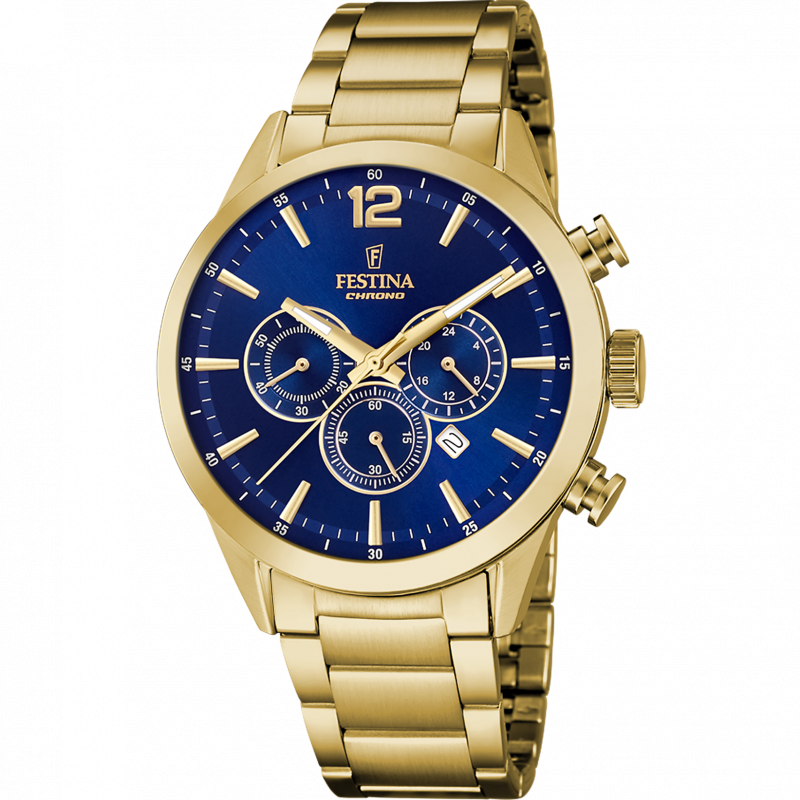 Festina timeless chronograph watch f20633/2 blue stainless steel 316l strap, men.