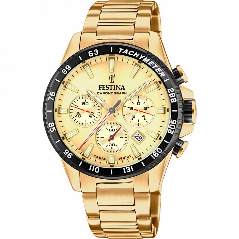 Festina timeless chronograph watch f20634/6 champagne stainless steel 316l strap, men's.