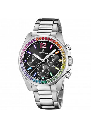 Festina rainbow watch f20606/3 black with steel strap, women's.