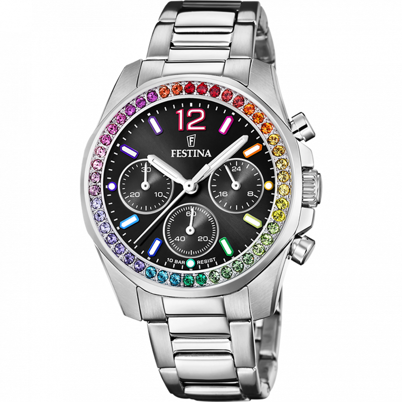 Festina rainbow watch f20606/3 black with steel strap, women's.