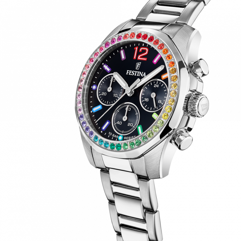 Festina rainbow watch f20606/3 black with steel strap, women's.