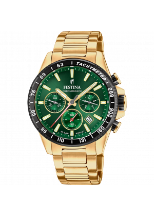 Festina timeless chronograph watch f20634/4 green dial, plated, men's.