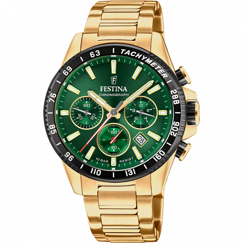 Festina timeless chronograph watch f20634/4 green dial, plated, men's.