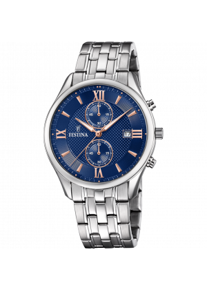 Festina timeless chronograph watch f6854/6 blue steel strap, men