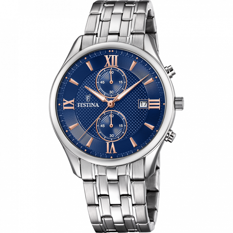 Festina timeless chronograph watch f6854/6 blue steel strap, men