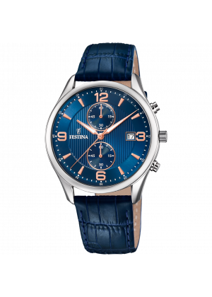 Festina timeless chronograph watch f6855/6 blue leather strap, men's.