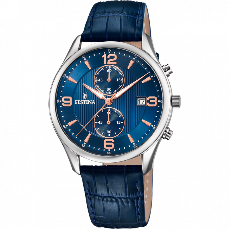 Festina timeless chronograph watch f6855/6 blue leather strap, men's.