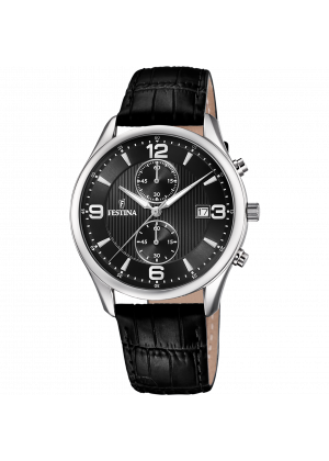 Festina timeless chronograph watch f6855/8 black leather strap, men's.