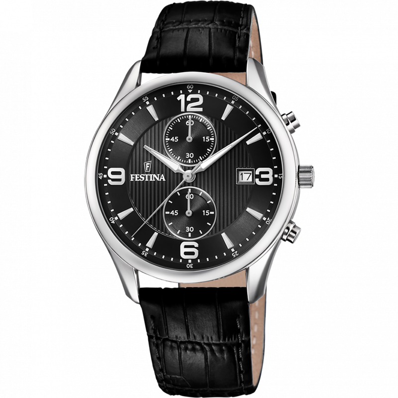 Festina timeless chronograph watch f6855/8 black leather strap, men's.