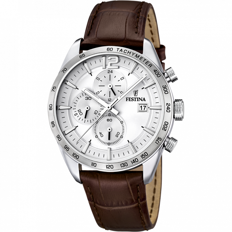 Festina timeless chronograph watch f16760/1 silver leather strap, men's.