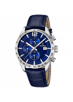 Festina timeless chronograph watch f16760/3 blue leather strap, men